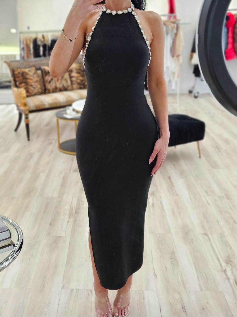 Jessica Bara Black Crystal Halter Bodycon Midi Dress - Size Small